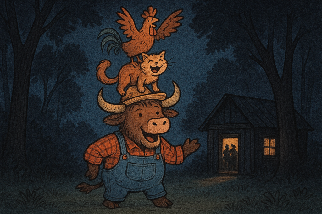 A personified yak in a straw hat and plaid shirt stands at the bottom of a stack of animals-a dog, a cat, and a rooster on top-all making noise outside a dark forest hut with robbers visible through the window.