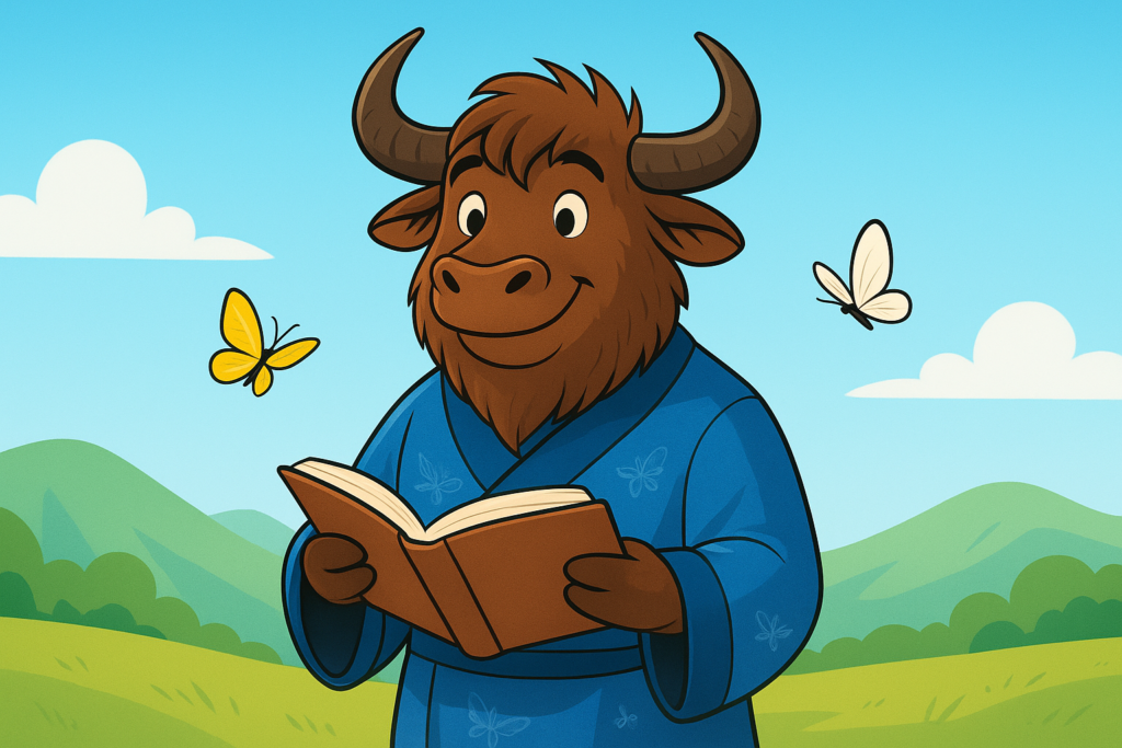 A friendly yak mascot in a blue scholar robe holds a book while two colorful butterflies dance around it, referencing the Butterfly Lovers story.