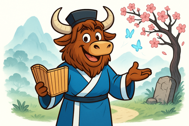 The Yak Yacker yak, dressed as a Chinese scholar, holding a scroll and smiling. Behind the yak, cherry blossoms and a misty path lead to a grave from which two butterflies emerge, illustrating the Butterfly Lovers legend.