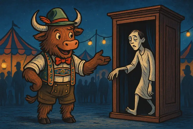 A personified yak dressed as a carnival barker stands beside a tall cabinet, pointing dramatically as a pale sleepwalker emerges from within; the scene is a nighttime fair with colorful tents and glowing lanterns.
