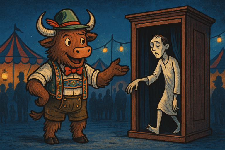 A personified yak dressed as a carnival barker stands beside a tall cabinet, pointing dramatically as a pale sleepwalker emerges from within; the scene is a nighttime fair with colorful tents and glowing lanterns.