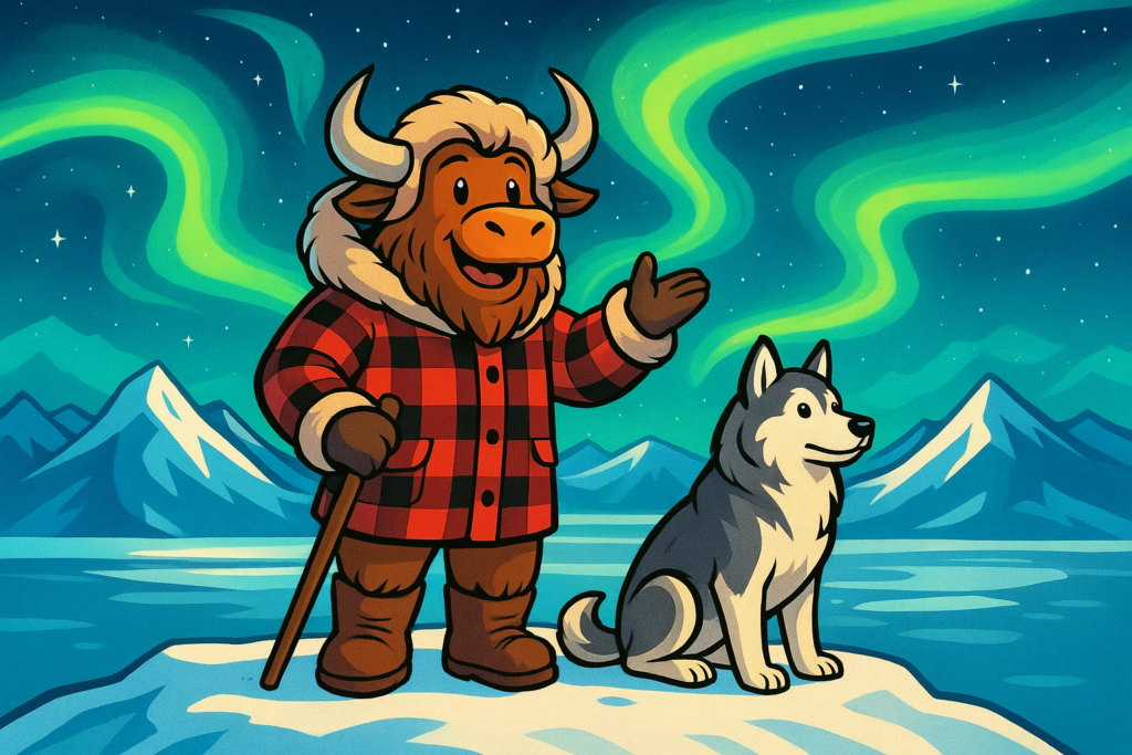 A friendly yak mascot dressed as an Arctic explorer stands with a husky on a snowy peak beneath colorful northern lights, pointing to the sky.