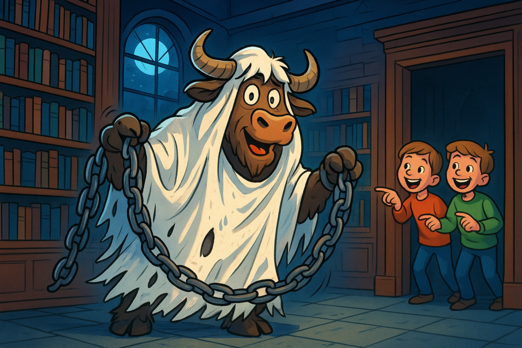 A cartoon yak mascot dressed as a ghost with a white sheet and chains stands in a moonlit library, while two children laugh from the doorway.