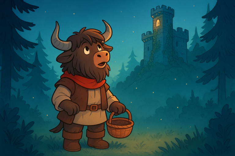 A personified yak with shaggy fur and curved horns, dressed as a young woodcutter in a tunic, vest, boots, and red scarf, stands in a misty forest clearing at twilight. The yak looks up at a glowing, ivy-covered castle with a single lit window in its tallest tower.