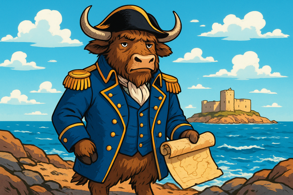 A yak mascot dressed as a French naval officer stands on a rocky shore holding a treasure map, with the Château d'If castle in the background.