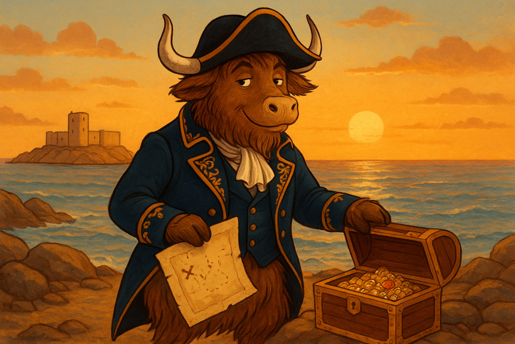 A personified yak in a 19th-century French nobleman's coat and bicorne hat, standing on a rocky shore at sunset, holding a treasure map and leaning on a jeweled chest, smiling slyly.