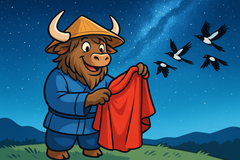 A yak dressed as a Chinese cowherd holding a red silk robe, with a starry sky and magpies forming a bridge behind him.