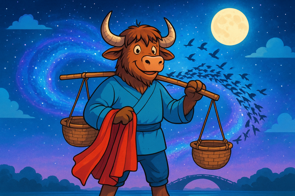 The Yak Yacker mascot, a personified yak dressed as the Cowherd from the Chinese legend, holding a red robe and a carrying pole with baskets, standing before a celestial river with a magpie bridge forming under a starry sky.