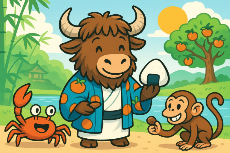 A smiling yak mascot in a blue Japanese-style jacket holds a rice ball and a persimmon seed, flanked by a red crab and a grinning monkey in a bright riverside scene.