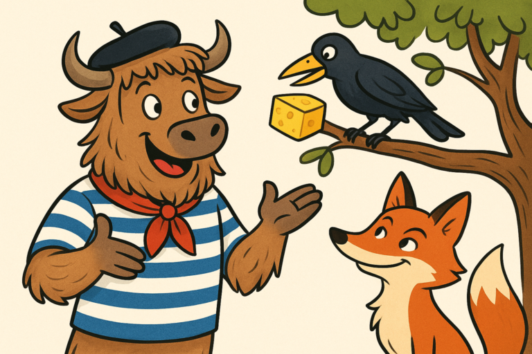 A personified yak mascot with shaggy fur and curved horns wears a French beret and striped shirt, enthusiastically narrating the fable of the crow and the fox. A crow perches on a branch with cheese, and a fox gazes up from below.