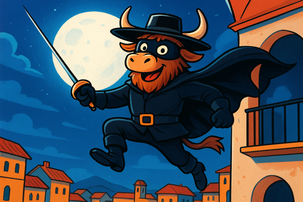 A yak dressed as Zorro leaps from a balcony, cape flowing, under a moonlit sky. The yak has shaggy fur, curved horns, a black mask and hat, and holds a sword.