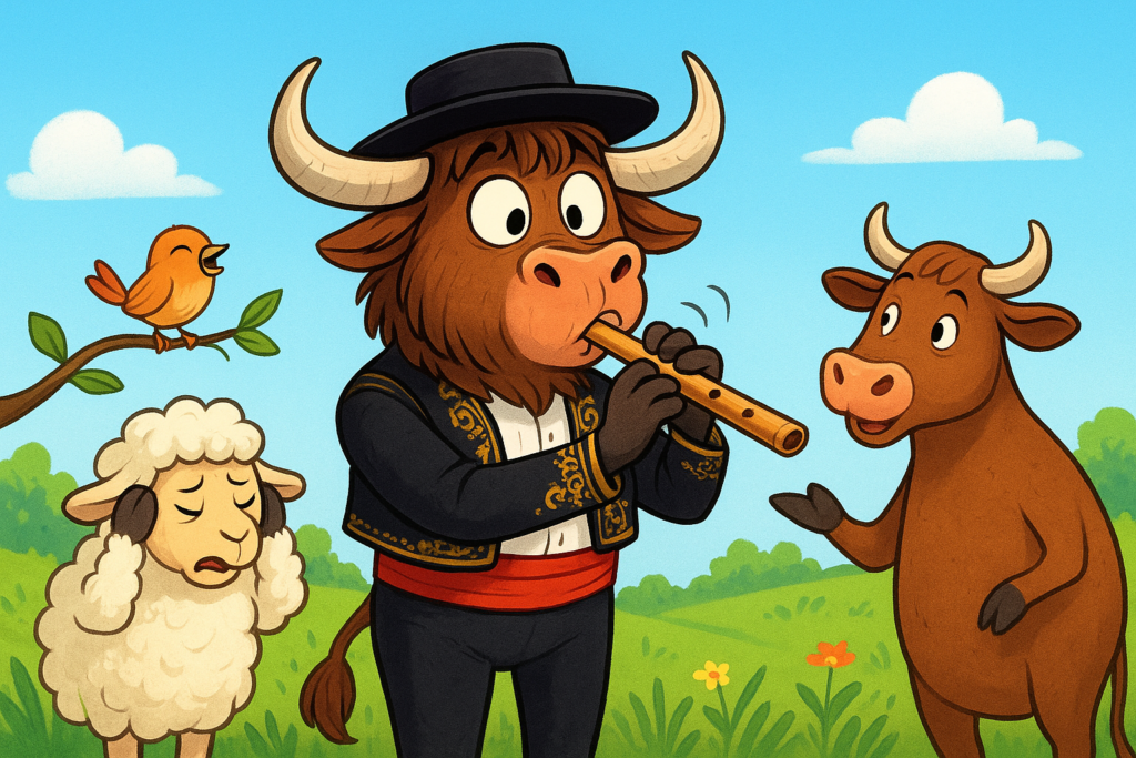A personified yak dressed as a Spanish musician plays a flute badly in a sunny field. A bird laughs, a sheep covers its ears in distress, and a wise cow offers advice.
