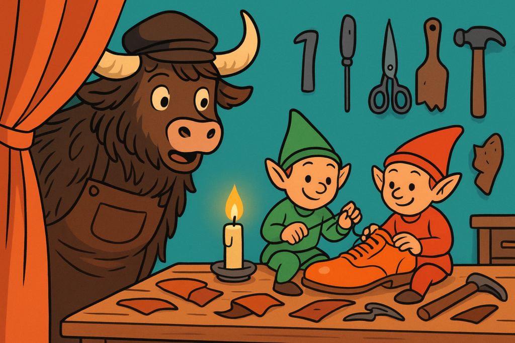 A yak dressed as a shoemaker peeks from behind a curtain, watching two tiny elves sewing shoes on a workbench by candlelight.