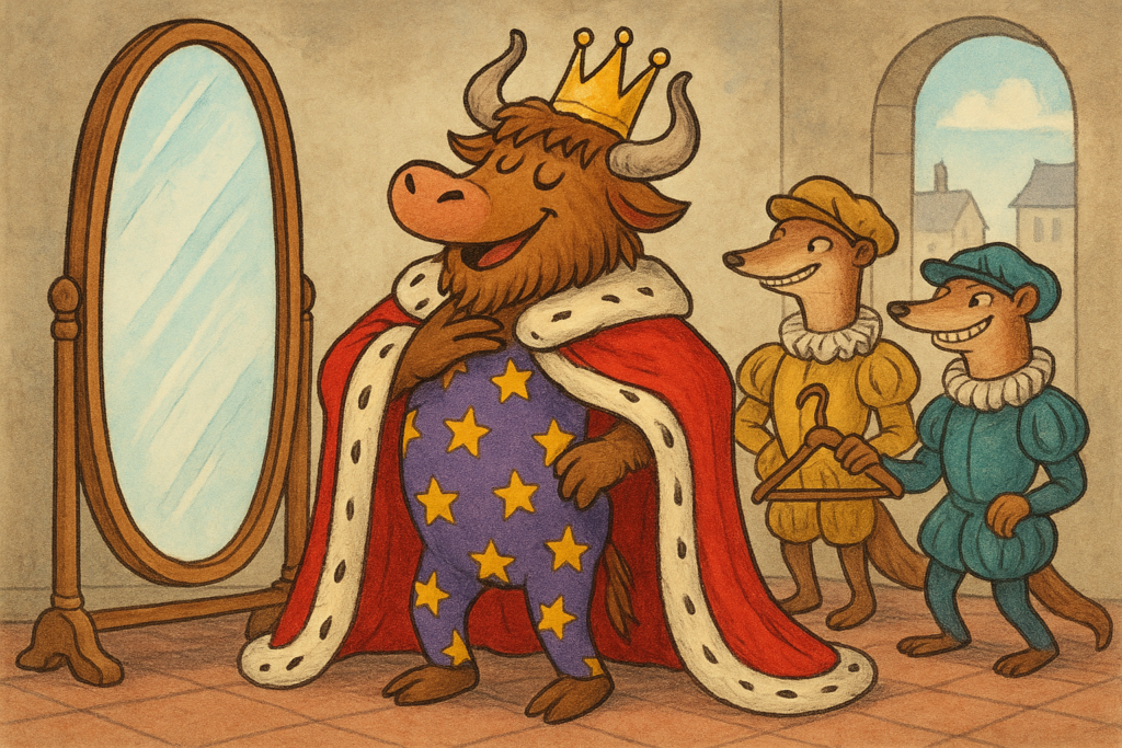 Yak mascot dressed as a proud emperor in a star-patterned onesie and crown, looking in a mirror while sneaky tailors pretend to show invisible clothes.