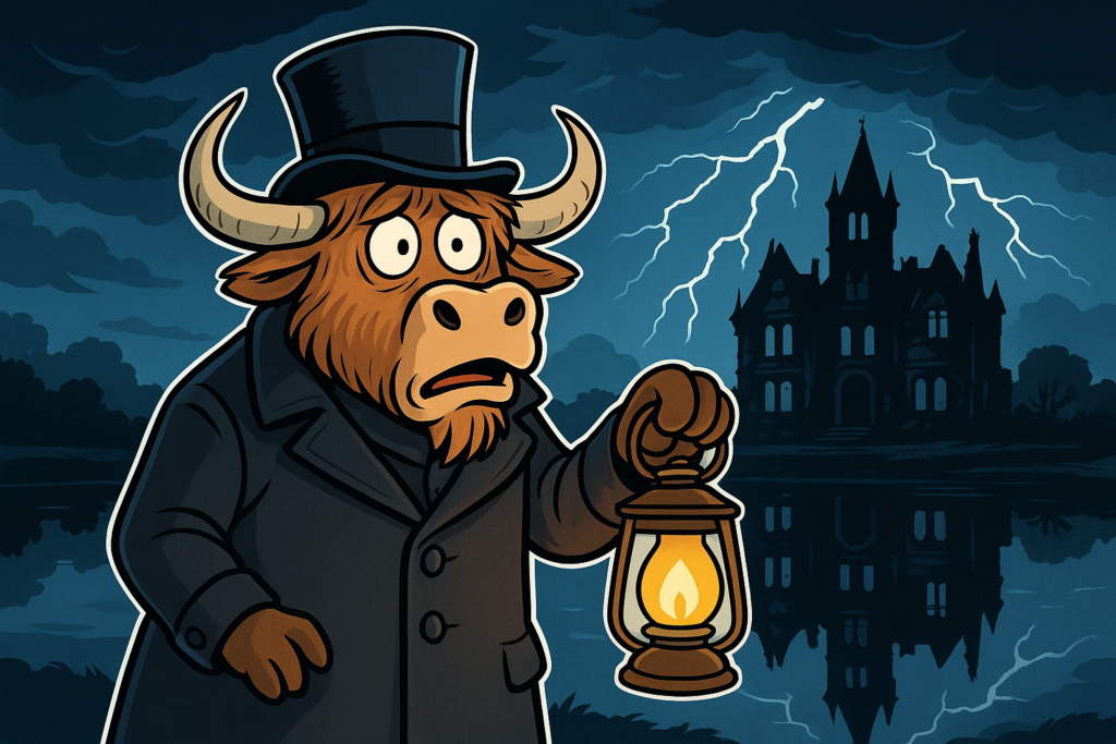 An illustrated personified yak in a black Victorian coat and top hat holds a lantern while standing near a dark, crumbling mansion reflected in a lake under a stormy sky. The image is a bright, high-contrast cartoon in an editorial style.