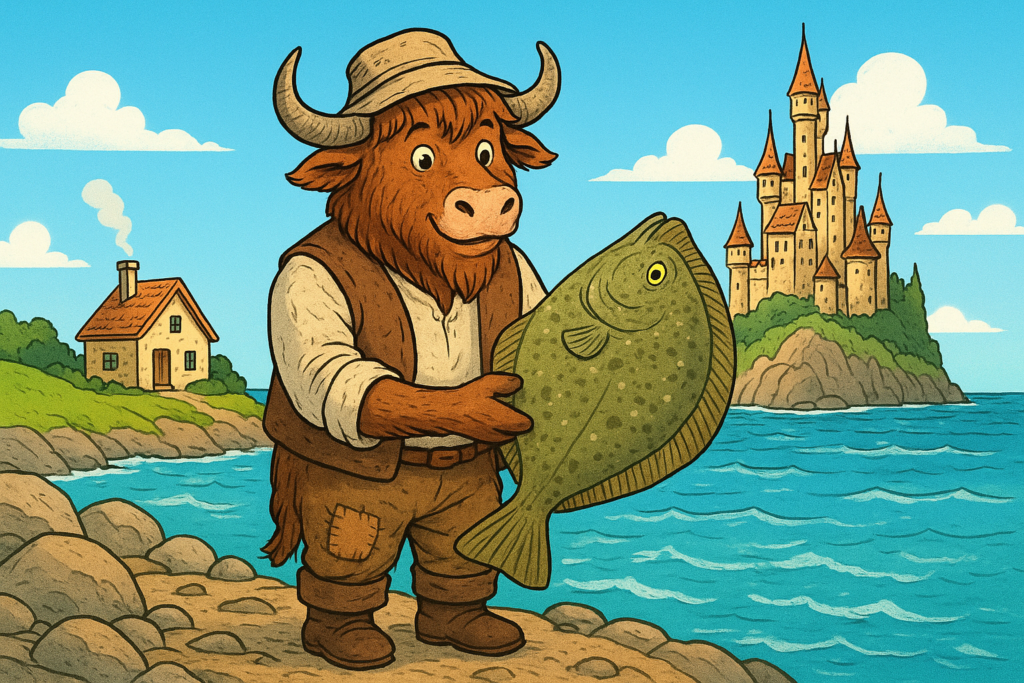 A personified yak mascot dressed as a fisherman holds a magical speaking flounder, with a humble cottage and a grand castle in the background under a bright sky.