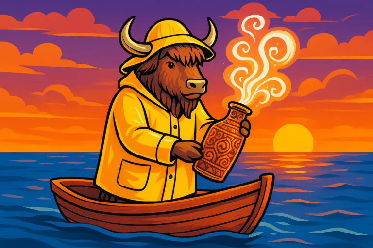 A personified yak mascot wearing a yellow fisherman's raincoat and hat stands in a small boat, holding an ancient copper bottle emitting magical mist, with a golden sunset over the sea.
