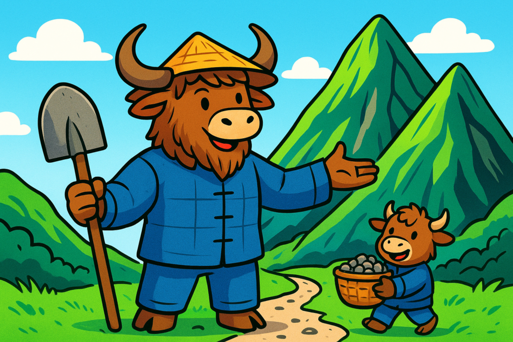 A personified yak as a Chinese farmer, with curved horns and shaggy fur, wearing a blue tunic and straw hat, holding a shovel and standing beside a huge mountain. A smaller yak child carries a basket of pebbles, both looking determined.