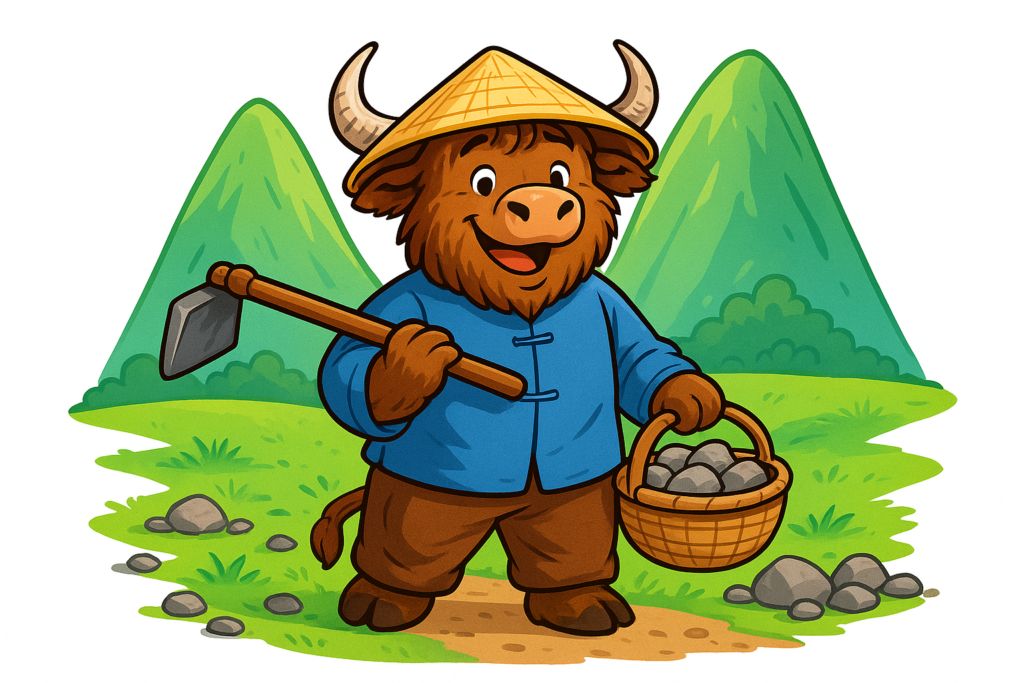 A personified yak dressed as a traditional Chinese farmer, holding a hoe and a basket of stones, smiling before two mountains with a path carved through them, in a bright, high-contrast editorial illustration.