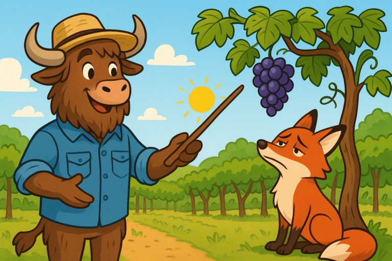 A personified yak in a straw hat and denim shirt points with a stick at a red fox below a grapevine, in a bright vineyard.