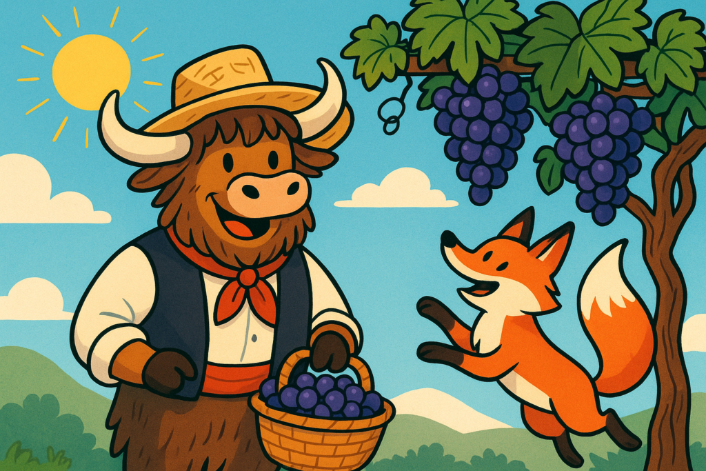 The Yak Yacker yak mascot, wearing a Spanish farmer's outfit with a straw hat and red neckerchief, holds a basket of grapes while a fox jumps up toward a grapevine under a sunny sky.