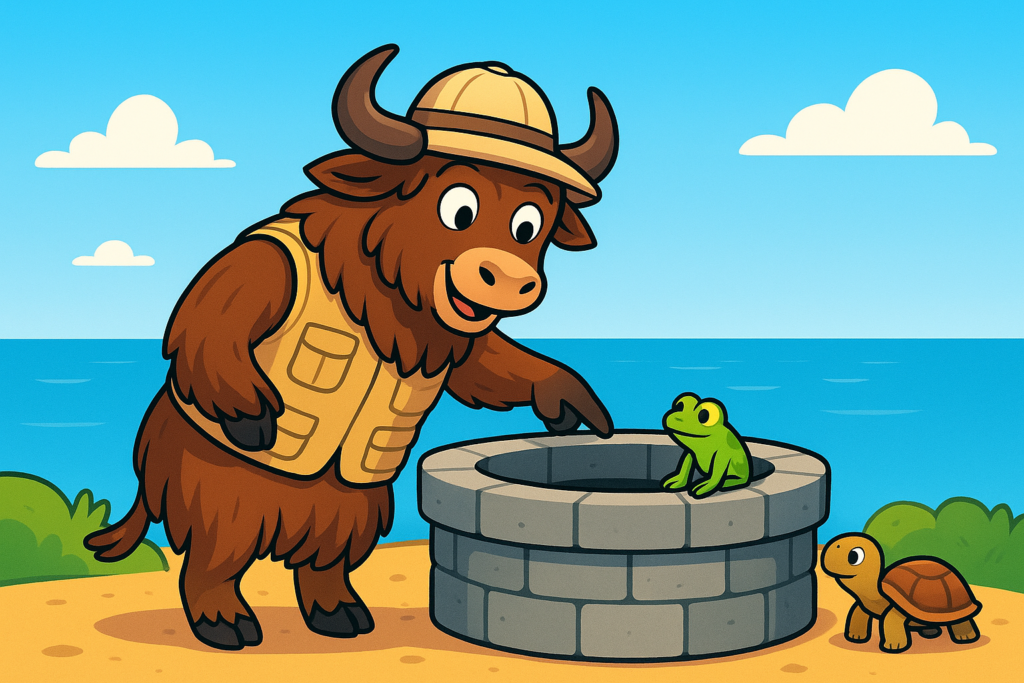 A cheerful yak dressed in an explorer's vest and hat leans over a stone well, pointing down at a small green frog sitting inside on a mossy stone. A turtle stands beside the well looking up. In the background, a vast blue sea is visible.