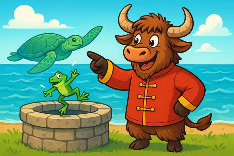 A yak mascot in a red Chinese tang jacket stands next to an old well, pointing at a green frog jumping out. Behind them, a sea turtle and a vast blue ocean are visible.