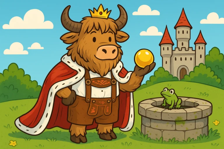 A cartoon yak mascot dressed in a royal cape and lederhosen stands beside a stone well, holding a golden ball, while a frog perches on the well edge.