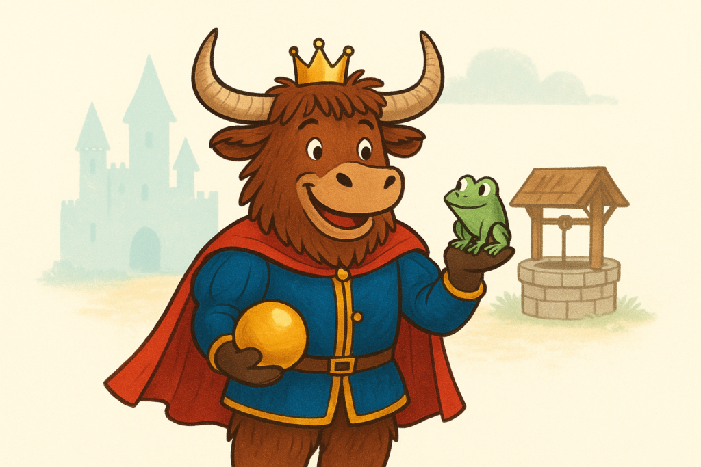 A personified yak dressed as a prince holds a golden ball while a frog sits on its shoulder. The yak has shaggy fur, curved horns, and a friendly expression. A castle and well are in the background.