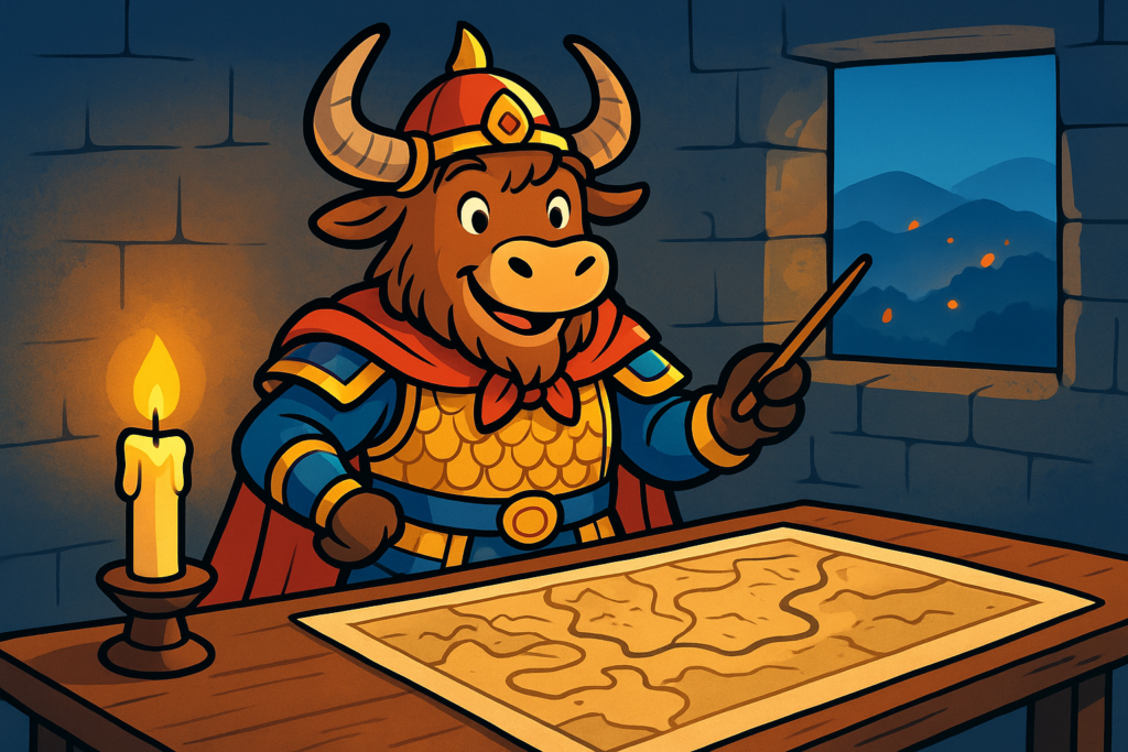 An illustrated yak dressed as an ancient Chinese general smiles thoughtfully while looking at a map by candlelight, with hills in the background covered in small fires.