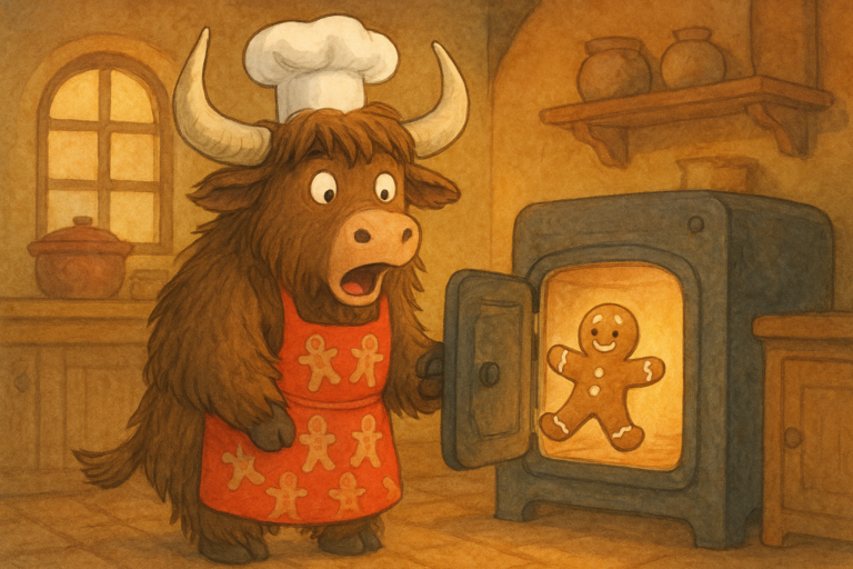 A personified yak wearing a chef's hat and apron opens an oven door as a small gingerbread man leaps out, in a cozy kitchen setting.