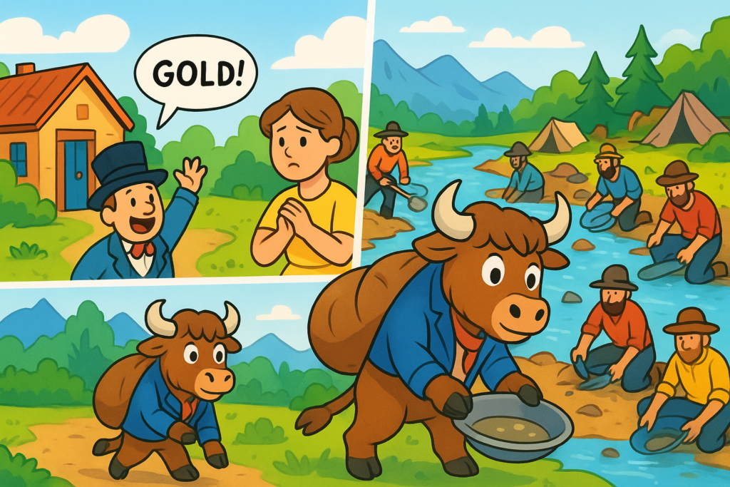 A wide illustration of the Yak Yacker mascot in a scene from The Gold Rush.