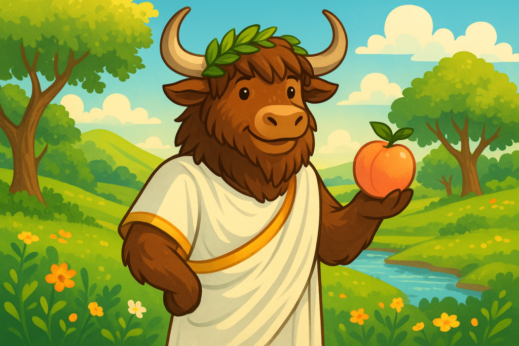A personified yak mascot dressed in a Greek-style white chiton with gold trim and a laurel wreath, holding a golden-pink peach, standing in a sunny, blooming garden with oak trees and a river, representing the Golden Age of Greek myth.