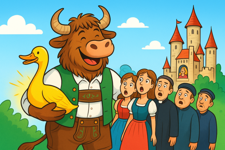 A cheerful yak mascot in lederhosen carries a golden goose, leading a funny procession of stuck people past a castle where a princess laughs from a window.