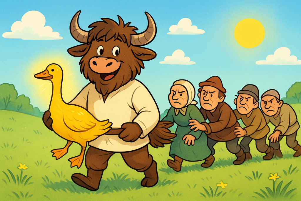 Illustration of a personified yak mascot in peasant clothes holding a golden goose, with a line of people stuck to its tail feathers, walking through a sunny meadow.