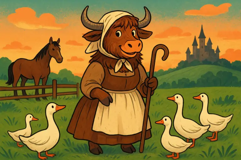 An editorial illustration of a personified yak dressed as the Goose Girl, standing in a green meadow with white geese, a horse, and a castle at sunset.