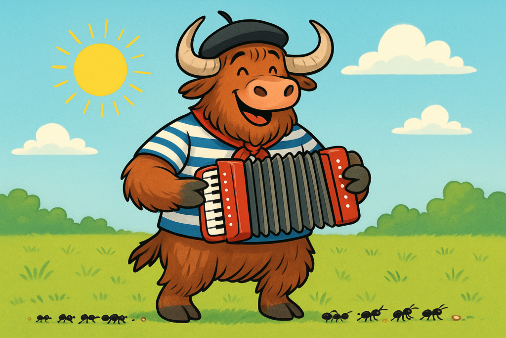 A personified yak mascot dressed as a French musician plays an accordion in a sunny meadow while a line of ants carry food.