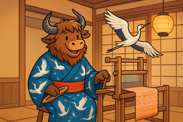 A personified yak mascot wearing a crane-patterned kimono stands by a weaving loom, looking at a grateful crane flying above in a traditional Japanese room.