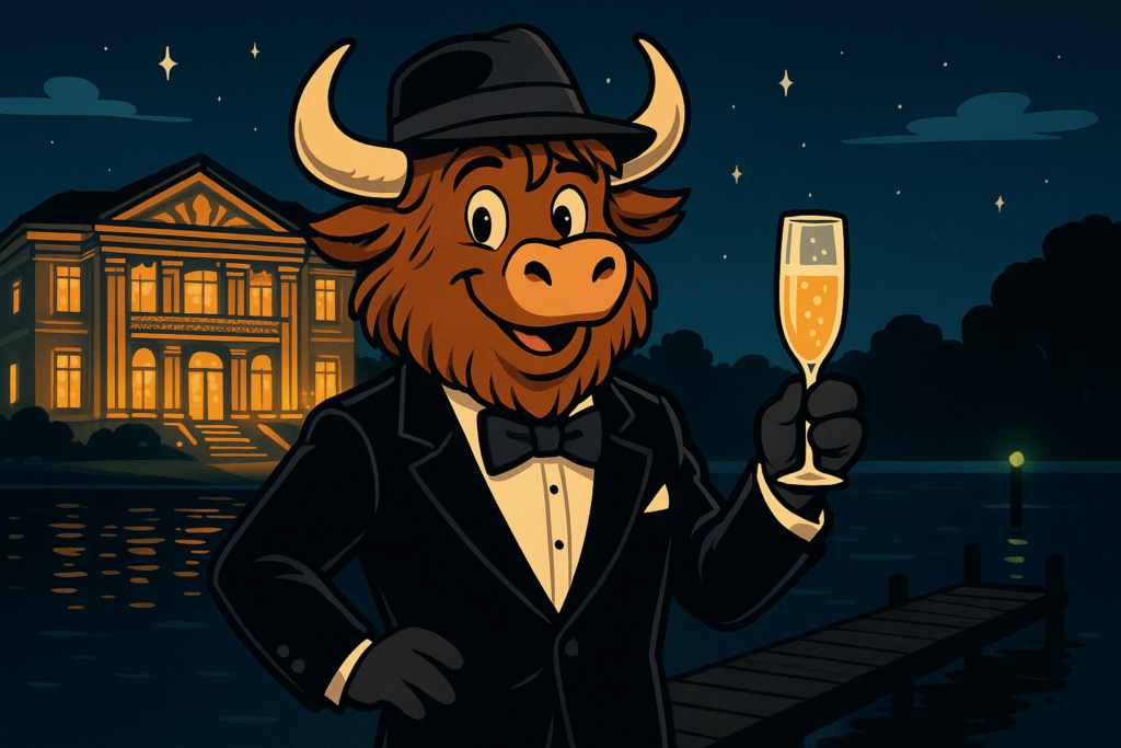 A yak mascot dressed in a formal 1920s suit and hat stands in front of a lit mansion at night, holding a champagne glass, while a green light glows across the water behind him.