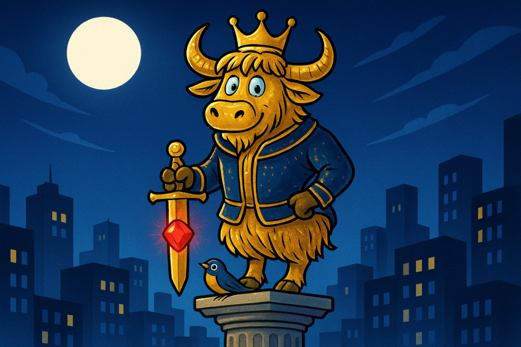 A yak mascot dressed as a golden prince statue with sapphire eyes and a ruby sword, standing on a tall column, with a small swallow at its feet under the moonlight.