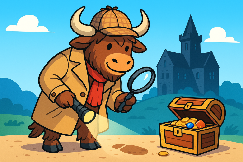 A cartoon yak dressed as a detective in a trench coat and deerstalker hat, holding a magnifying glass and flashlight, inspecting a clue next to an open treasure chest, with a stone tower mansion in the background.