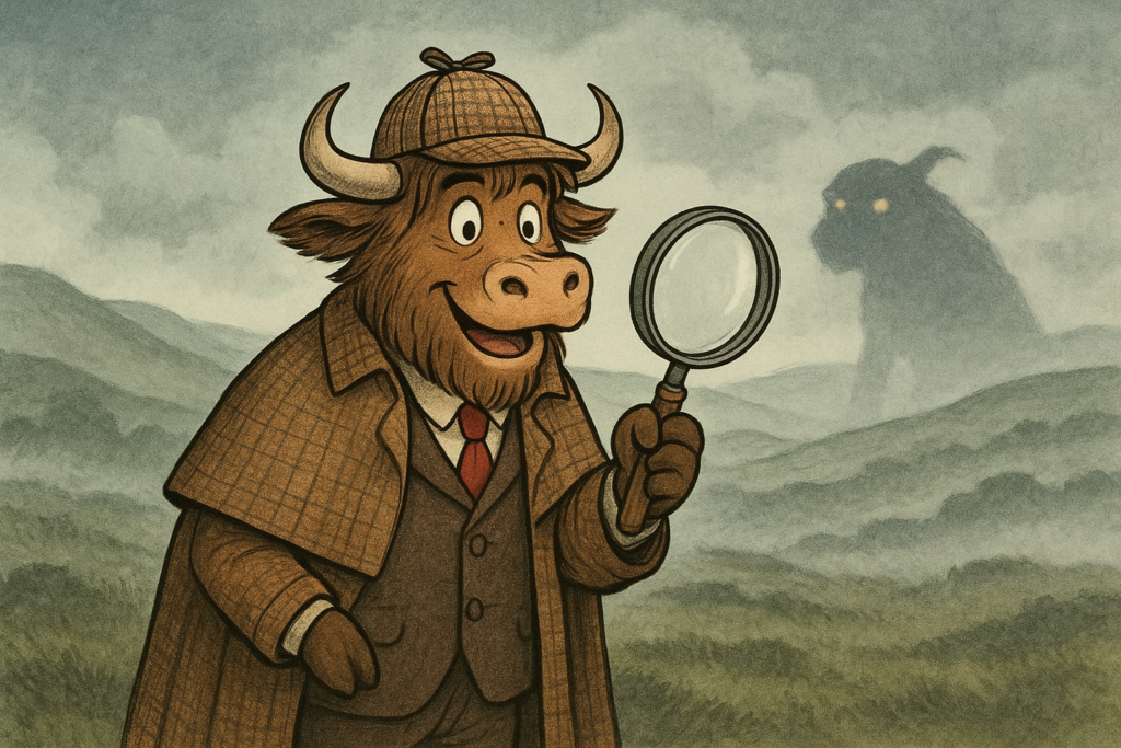 A friendly yak detective wearing a deerstalker hat and cape coat stands on a foggy moor, holding a magnifying glass as a ghostly hound figure looms in the background.