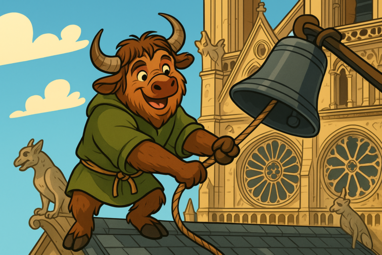 The Yak Yacker mascot, a shaggy yak with curved horns, dressed as Quasimodo the bell ringer, rings a large bell on the rooftop of Notre-Dame cathedral.