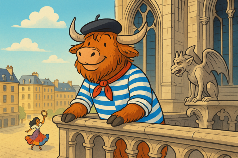 A personified yak dressed in a black beret and striped shirt leans on the balcony of Notre-Dame cathedral, smiling down at a dancing Esmeralda. Gargoyles sit beside him in a colorful editorial illustration.