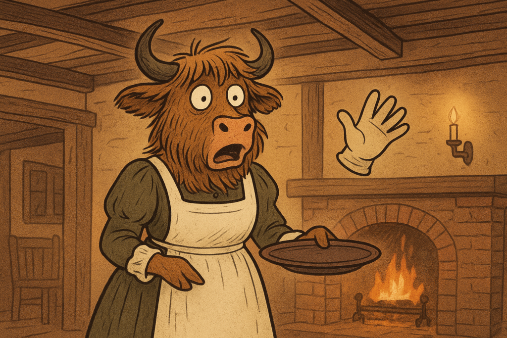 A personified yak innkeeper, wearing an apron and dress, looks shocked as a floating empty glove hovers in front of her in an inn interior.