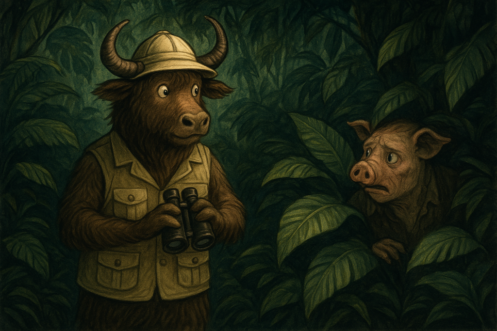 A yak wearing an explorer's hat and vest stands in a dark jungle, looking at a humanoid creature with a pig-like face that peers from behind a tree.