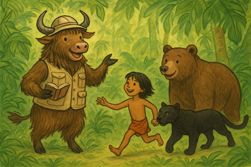 A personified yak in explorer attire stands in a jungle, holding a book and gesturing toward Mowgli, a boy with long hair, who runs with a bear and a black panther.