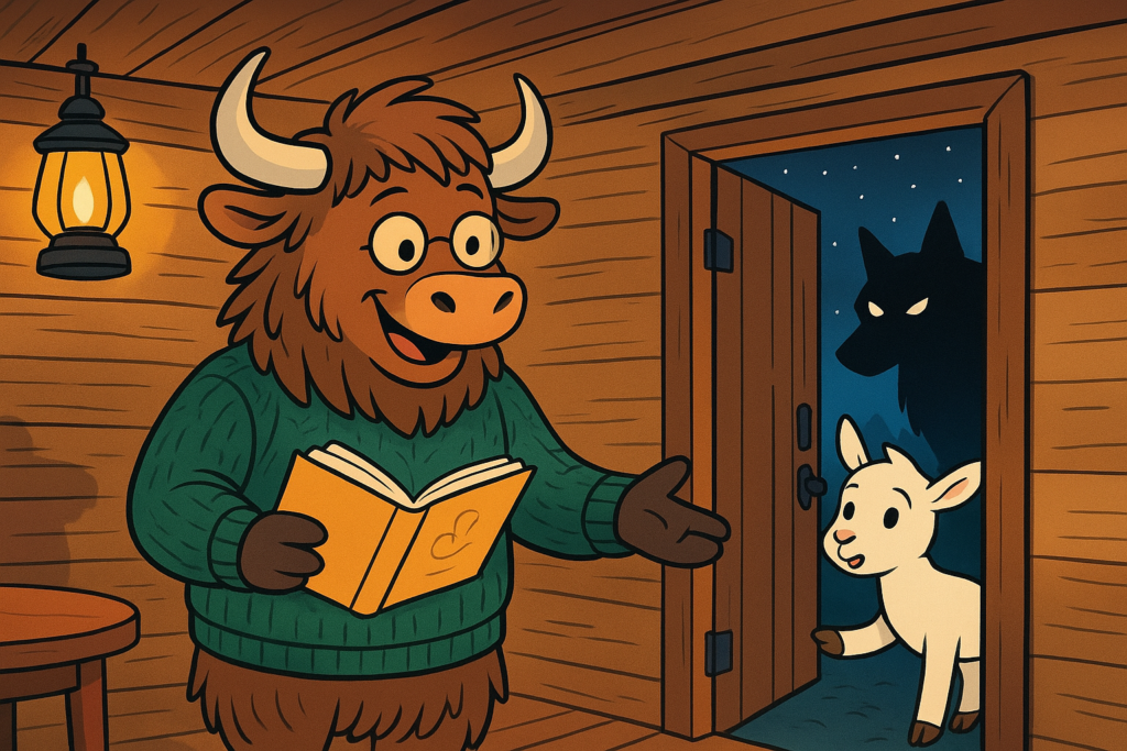 A personified yak mascot wearing a green sweater and glasses stands next to a wooden door, comforting a small white goat kid, while a shadowy wolf lurks outside under a starry night sky.