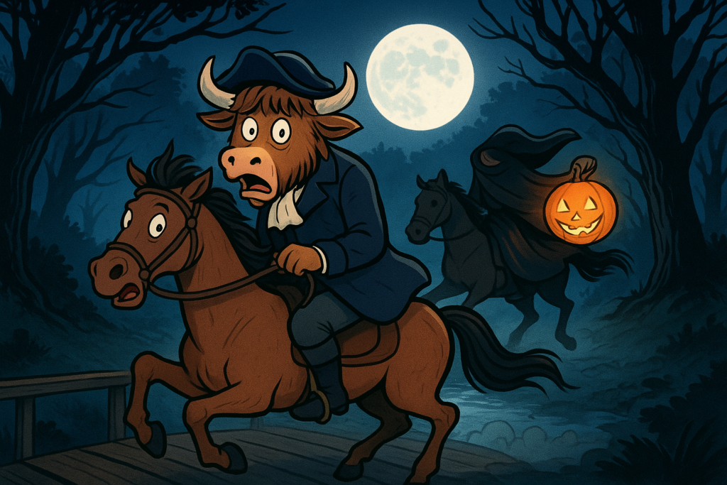 A cartoon illustration showing a yak mascot dressed as Ichabod Crane riding a horse across a bridge at night, looking back in fear as a headless horseman chases him with a glowing pumpkin, under a bright moon.