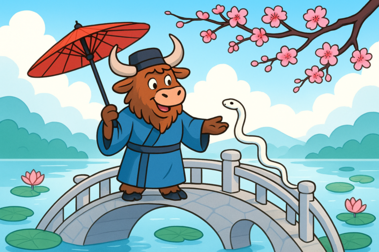 A personified yak mascot dressed as a Chinese scholar stands on a bridge over a lake, holding a red umbrella, with a white snake coiled on the railing. The scene is bright and colorful with blossoms and misty hills.